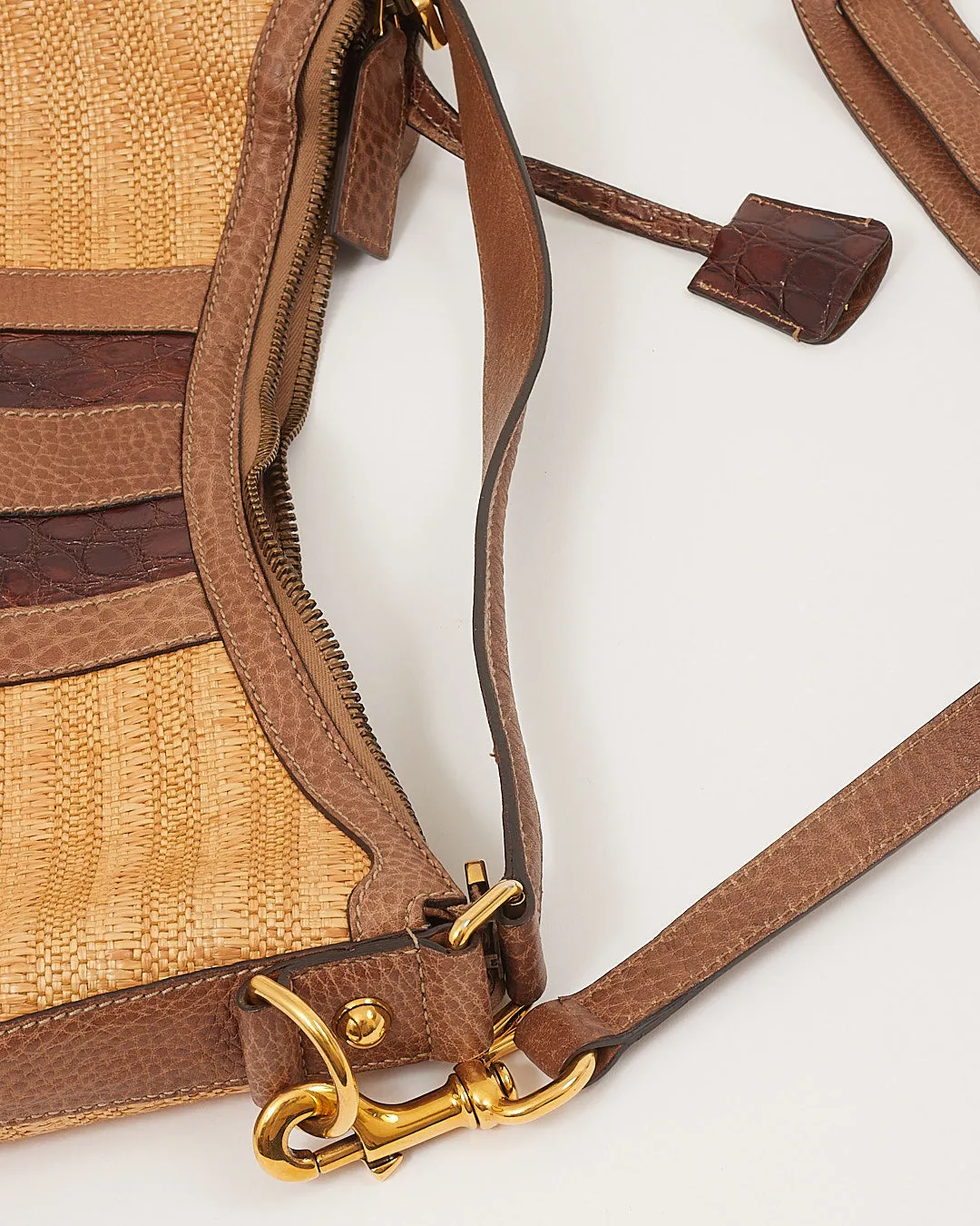 Gucci Beige Raffia & Croc Leather Secret Hobo Bag