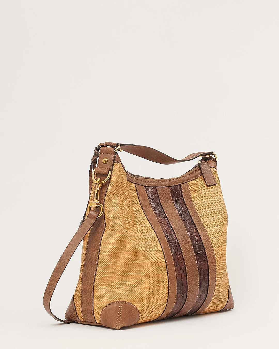 Gucci Beige Raffia & Croc Leather Secret Hobo Bag