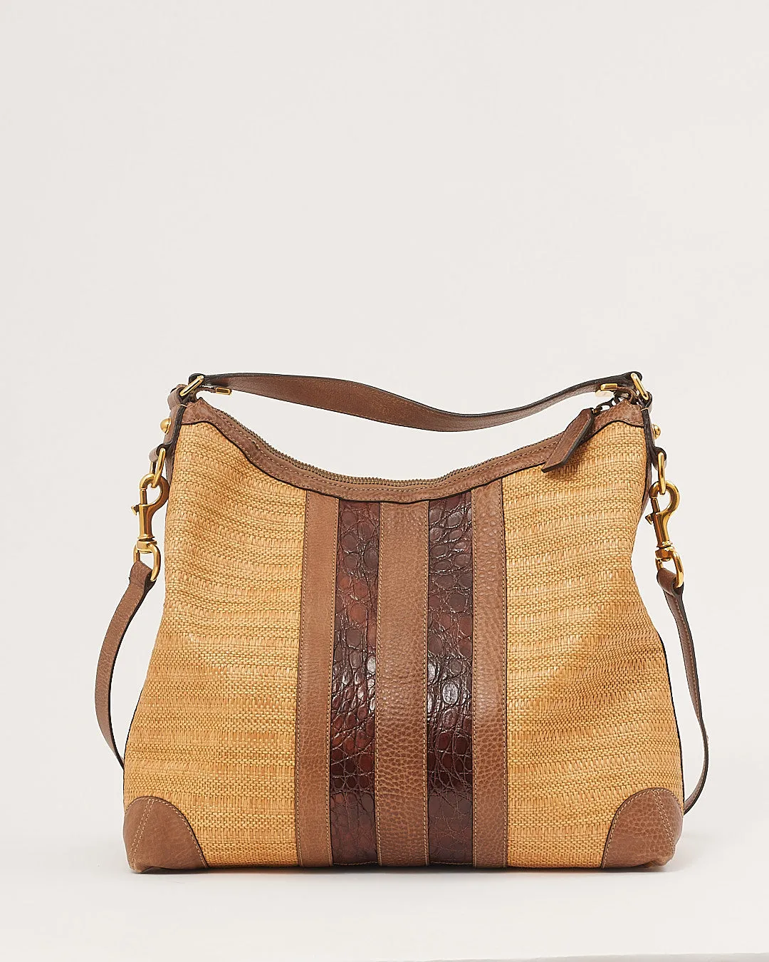 Gucci Beige Raffia & Croc Leather Secret Hobo Bag