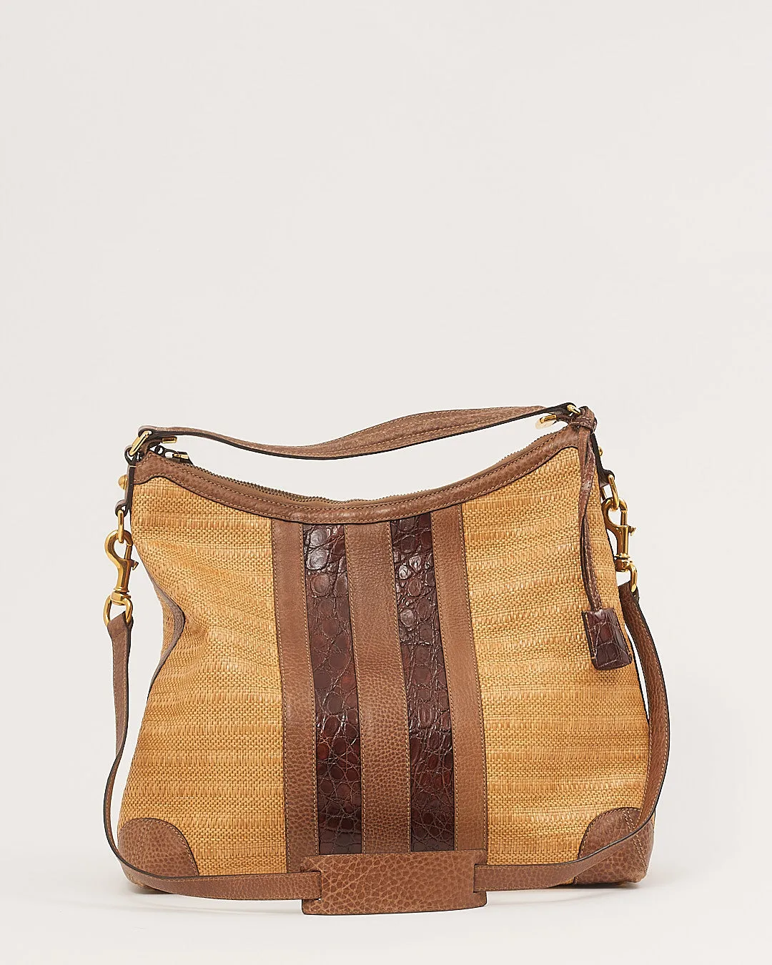 Gucci Beige Raffia & Croc Leather Secret Hobo Bag