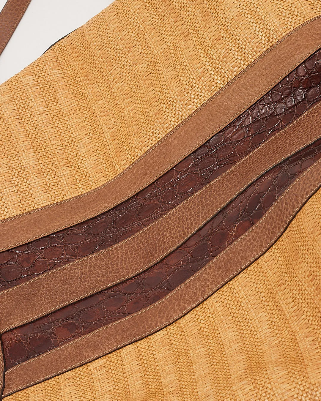 Gucci Beige Raffia & Croc Leather Secret Hobo Bag