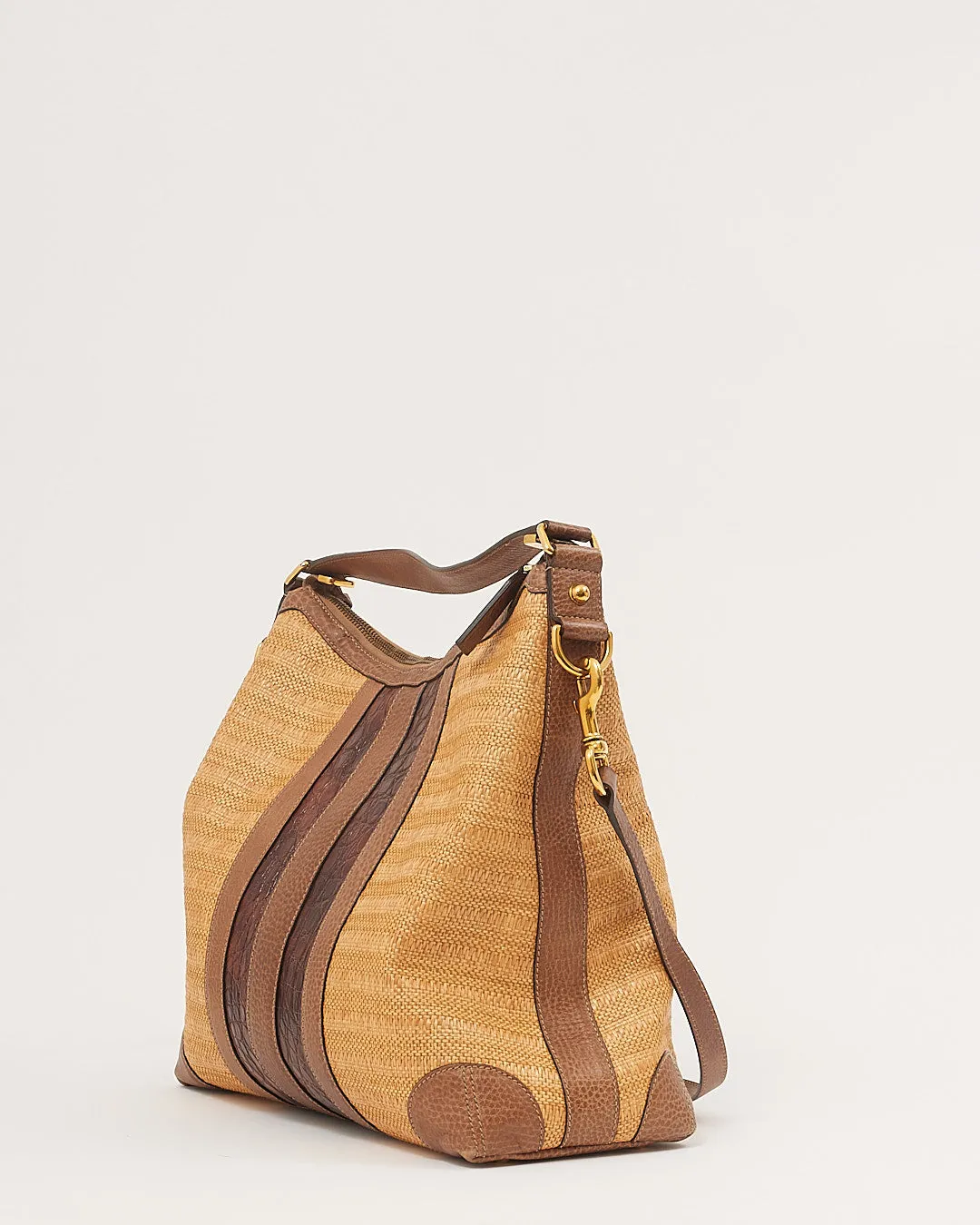 Gucci Beige Raffia & Croc Leather Secret Hobo Bag