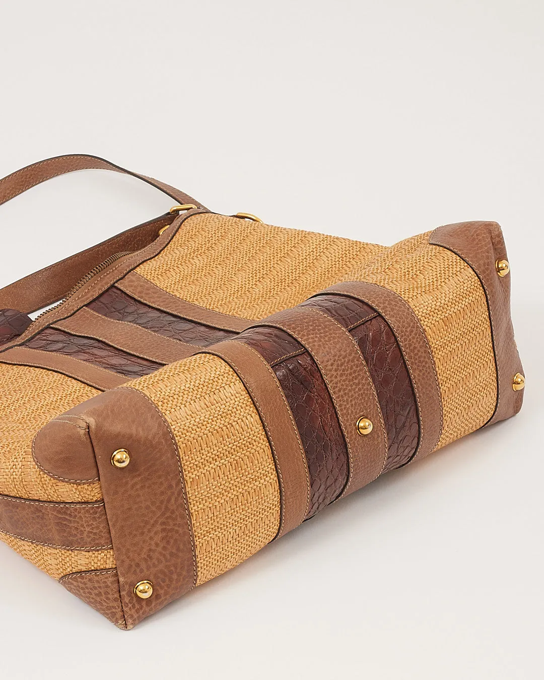 Gucci Beige Raffia & Croc Leather Secret Hobo Bag