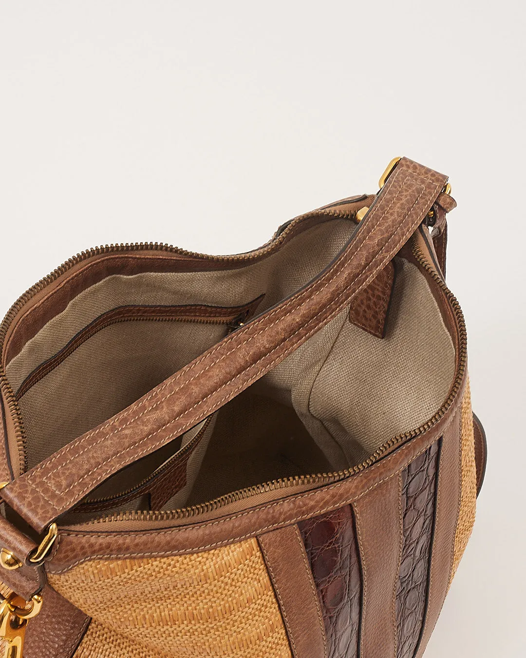 Gucci Beige Raffia & Croc Leather Secret Hobo Bag