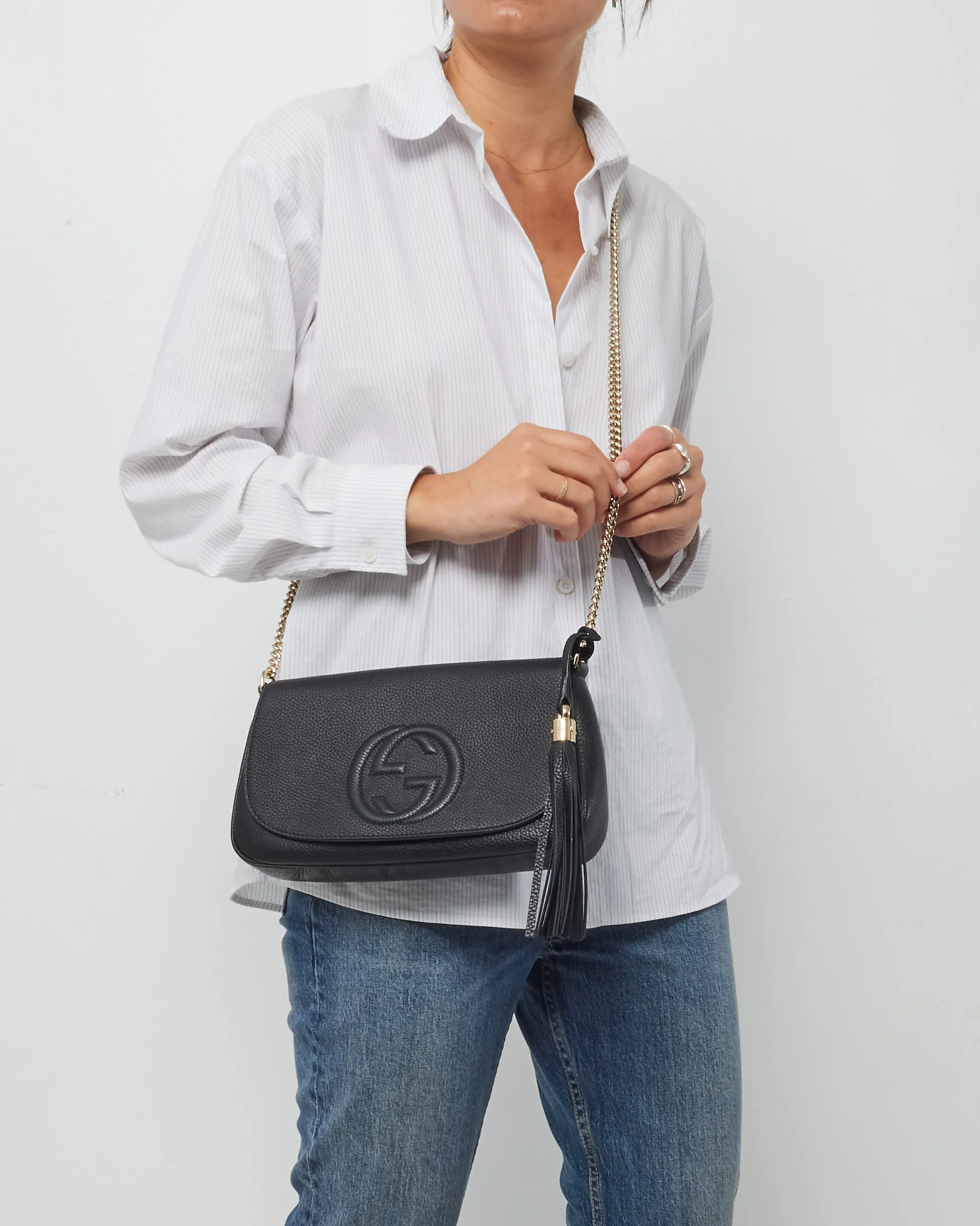 Gucci Black Pebbled Calfskin Medium Soho Flap Crossbody