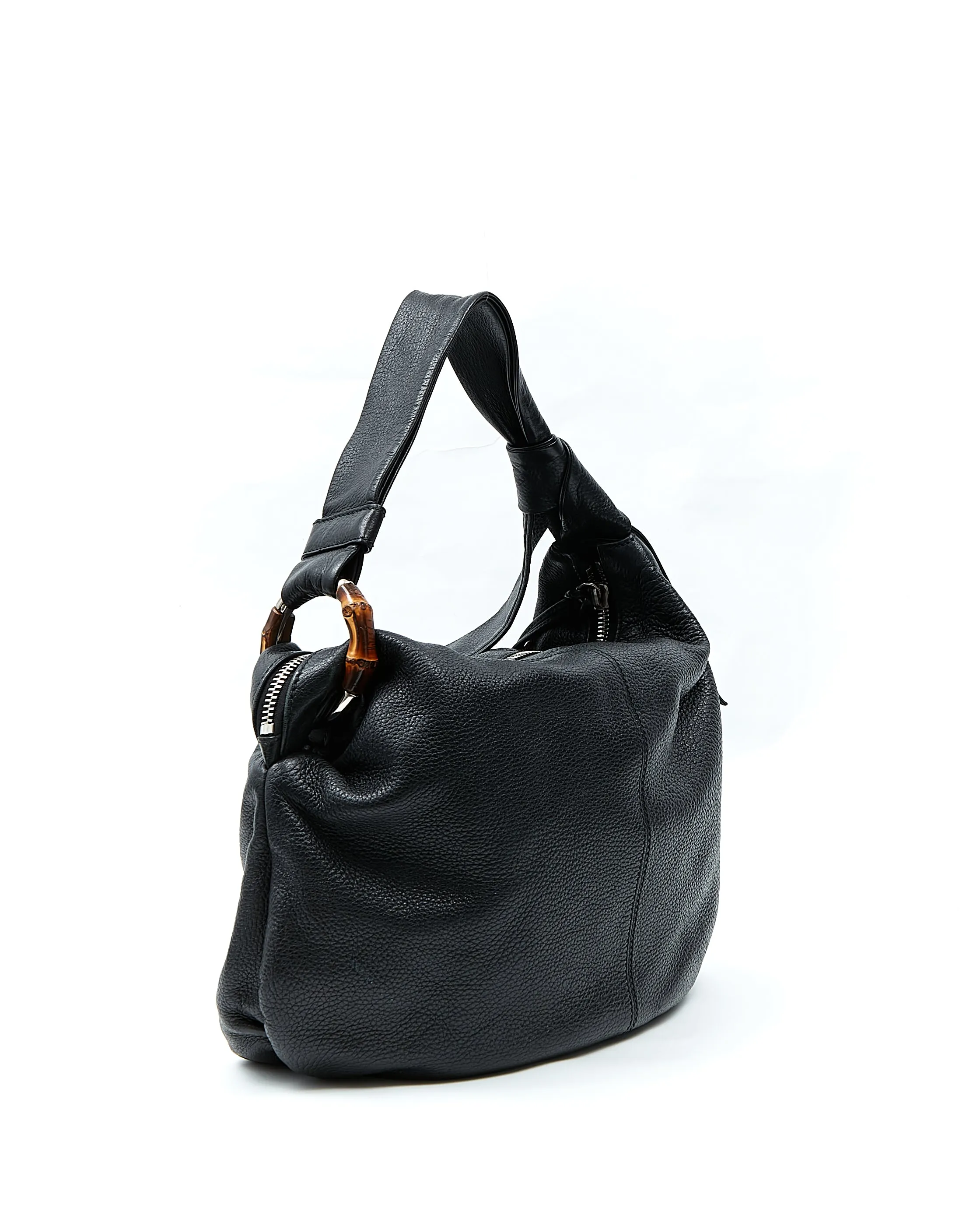 Gucci Black Pebbled Leather Bamboo Detail Shoulder Bag