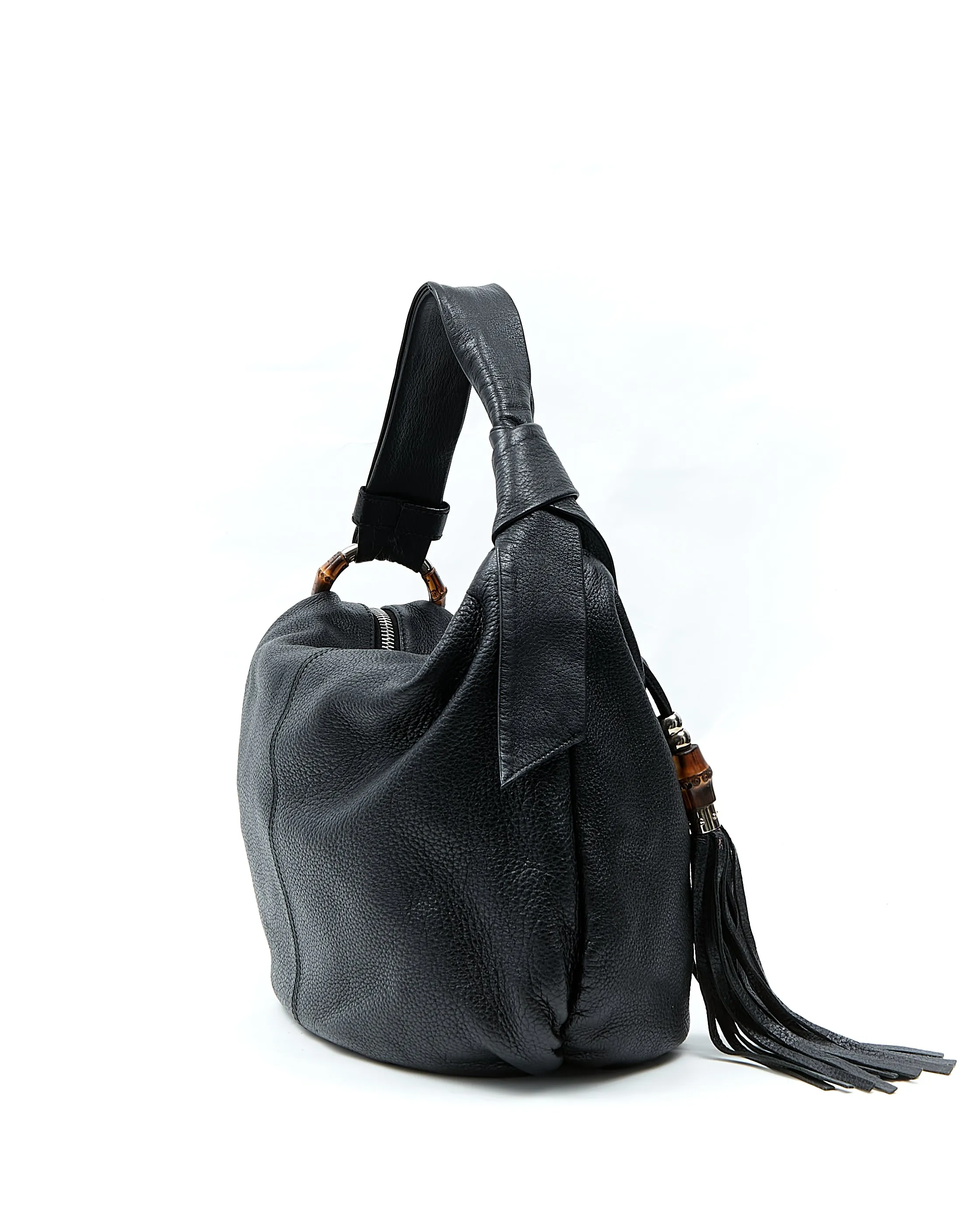Gucci Black Pebbled Leather Bamboo Detail Shoulder Bag