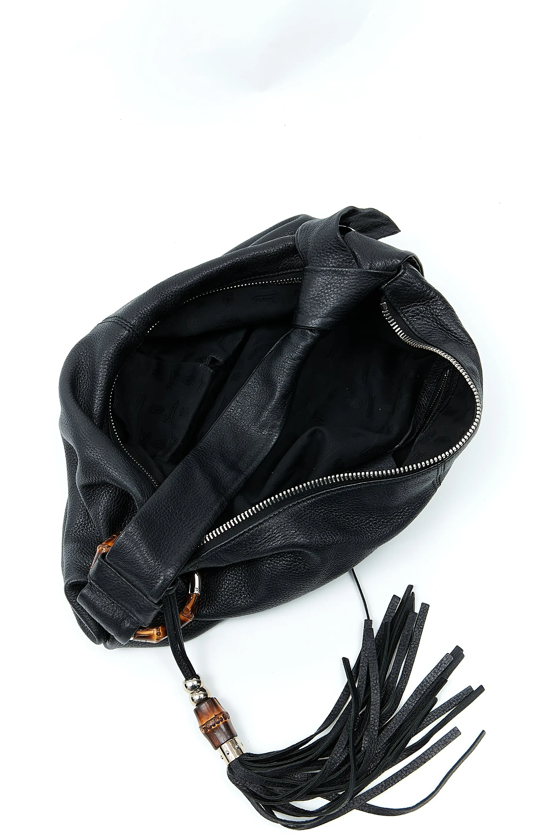 Gucci Black Pebbled Leather Bamboo Detail Shoulder Bag