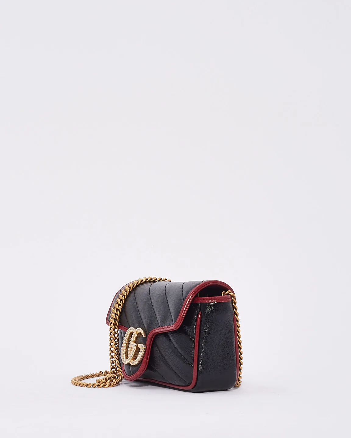 Gucci Black/Red Matelassé Diagonal Leather Torchon GG Marmont Super Mini Bag