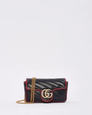Gucci Black/Red Matelassé Diagonal Leather Torchon GG Marmont Super Mini Bag