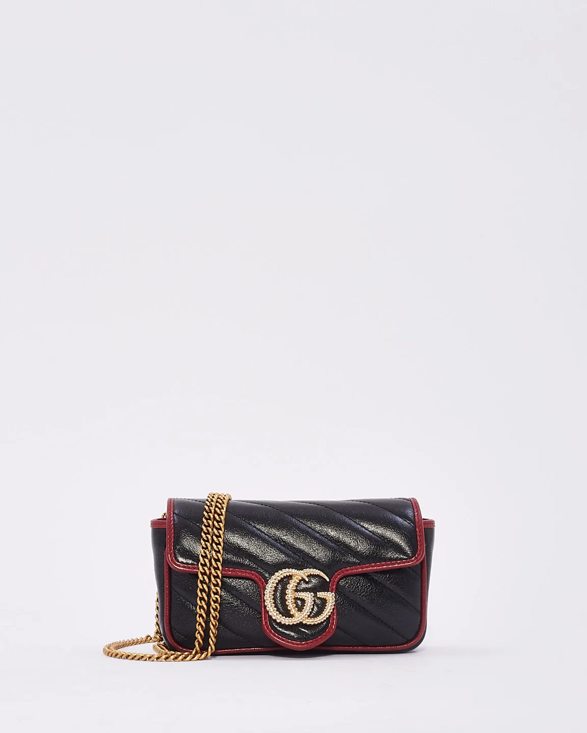 Gucci Black/Red Matelassé Diagonal Leather Torchon GG Marmont Super Mini Bag
