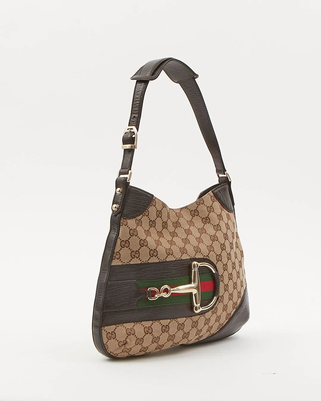 Gucci Brown GG Supreme Web Detail Horsebit Shoulder Bag