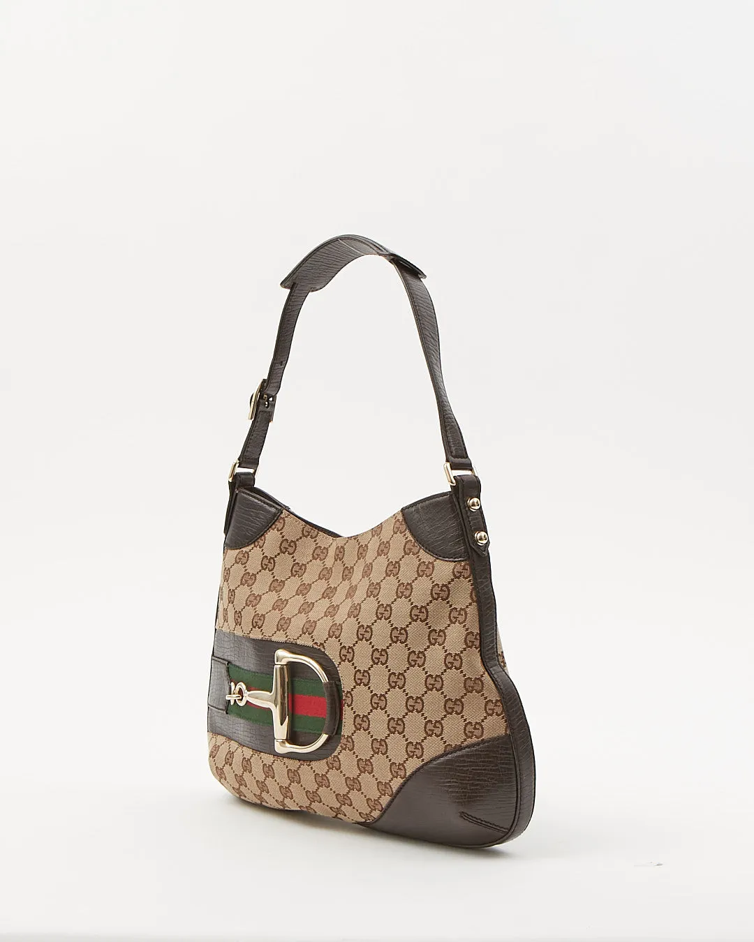 Gucci Brown GG Supreme Web Detail Horsebit Shoulder Bag
