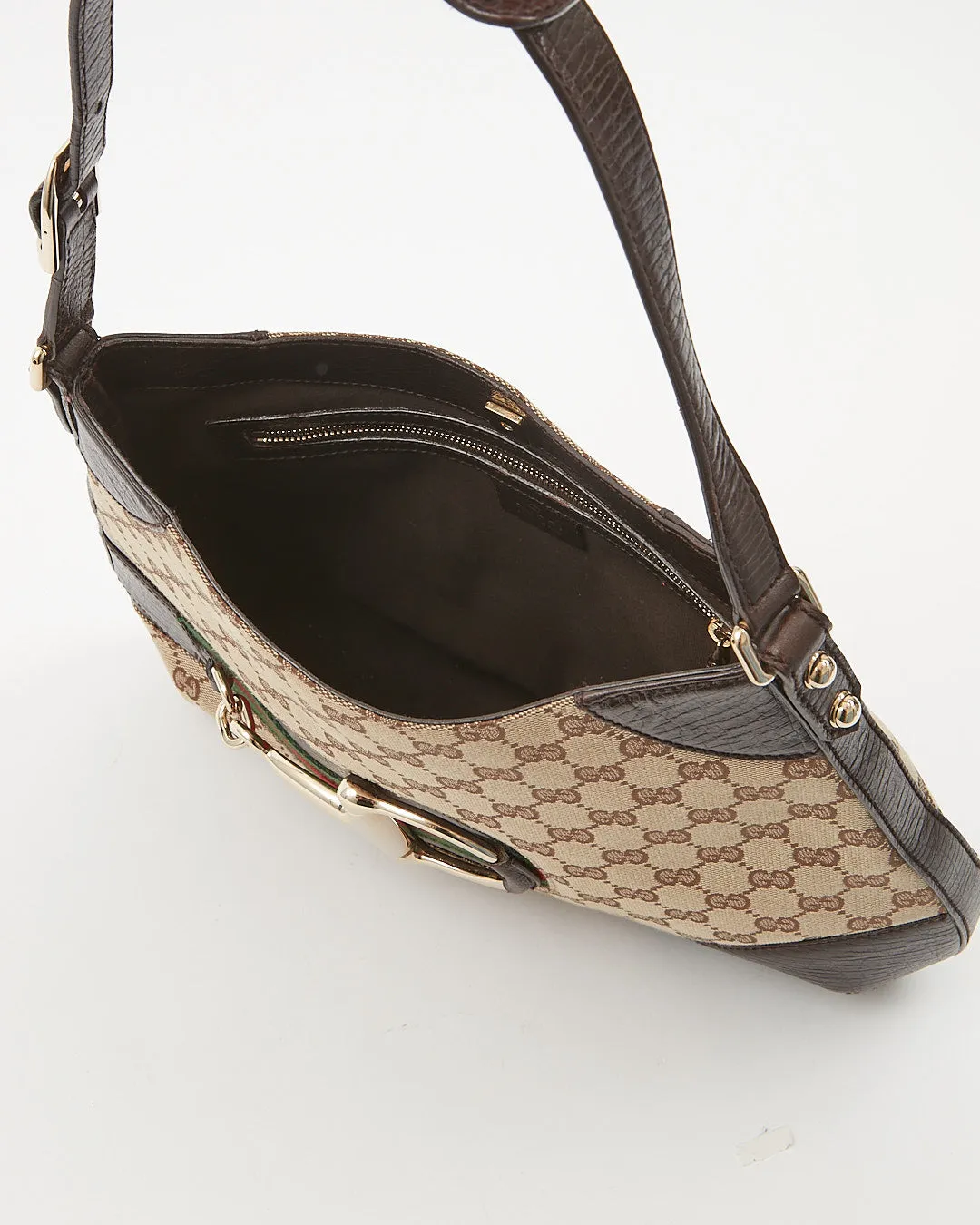 Gucci Brown GG Supreme Web Detail Horsebit Shoulder Bag