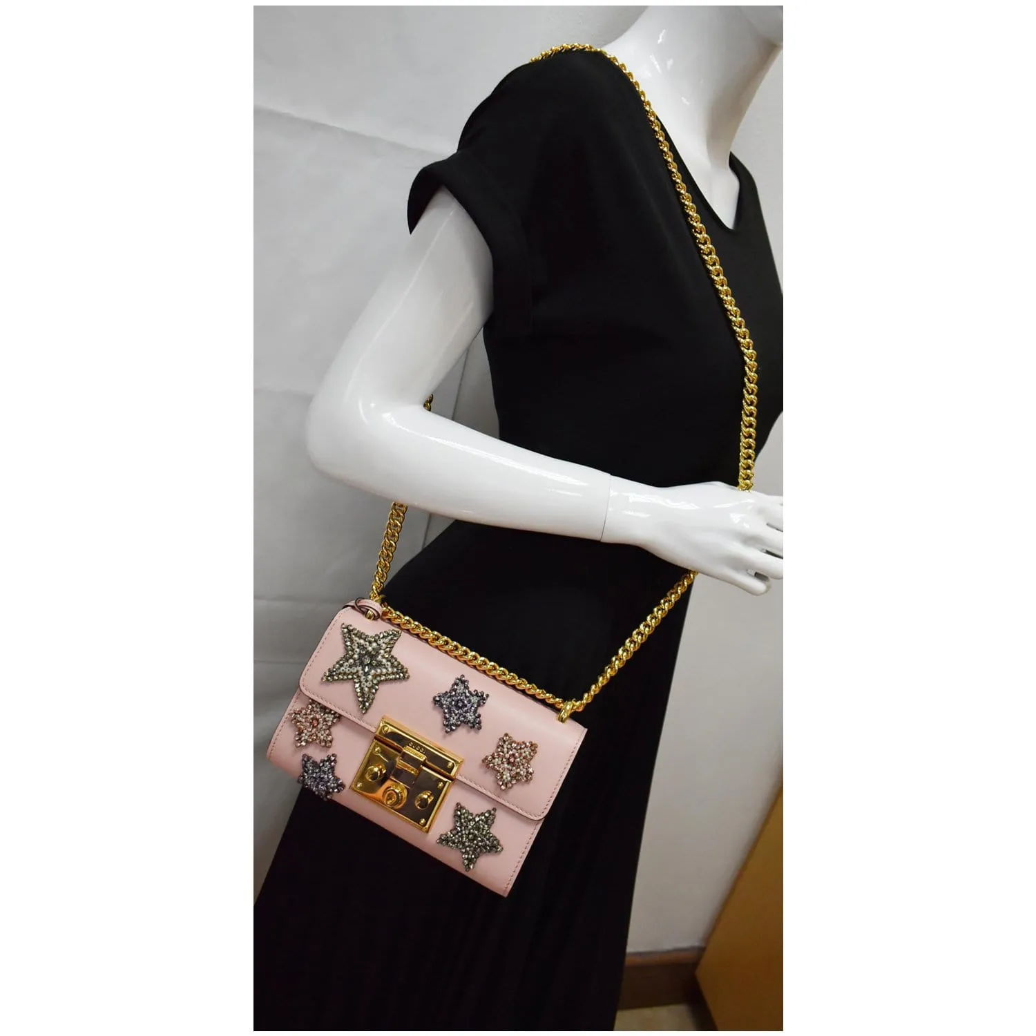 GUCCI Crystal Star Embroidered Padlock Small Shoulder Bag Pink 432182