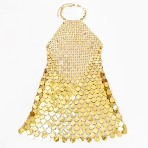 Handmade Gold Silver Tone Glitter Sequins Patchwork Rave Party Mini Dress