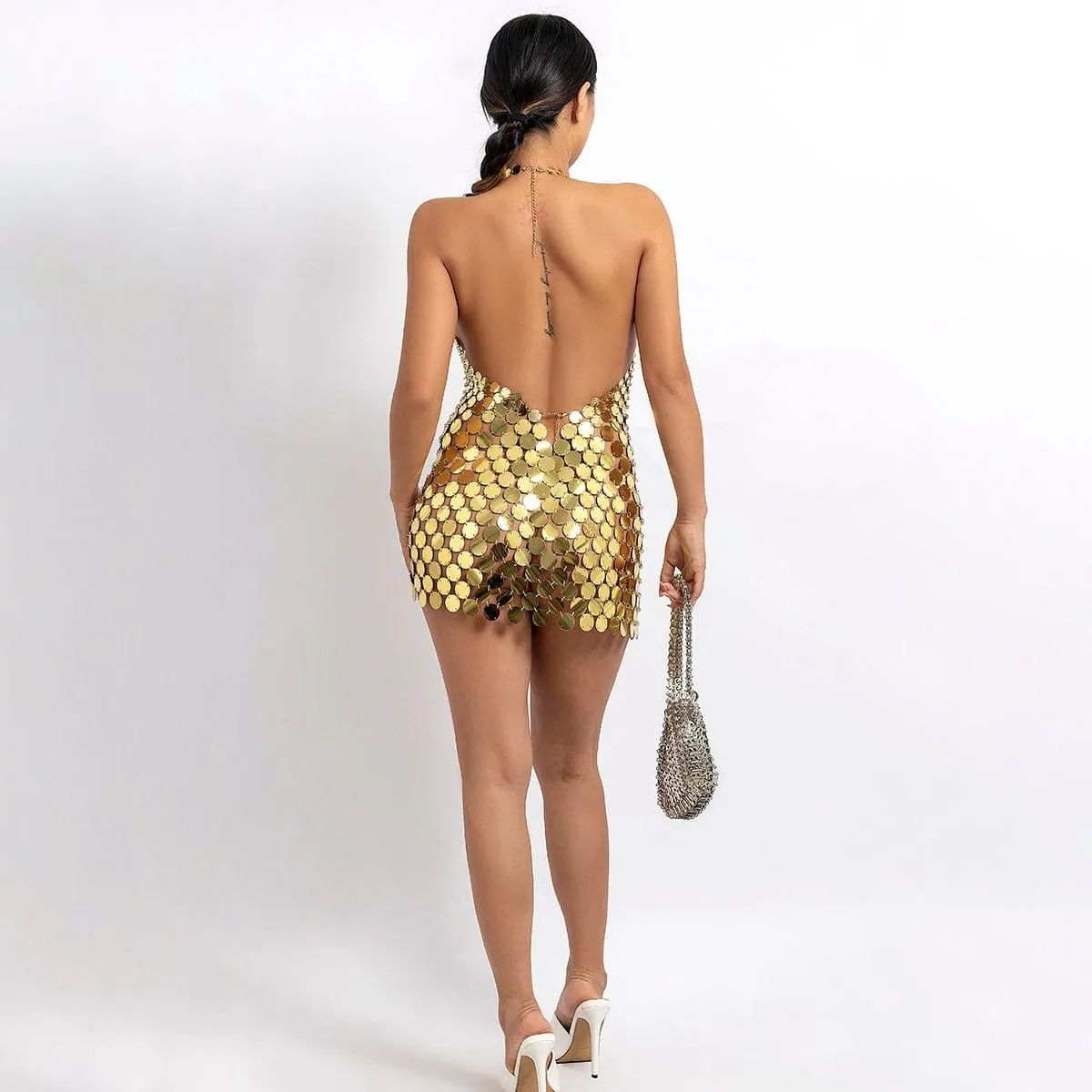 Handmade Gold Silver Tone Glitter Sequins Patchwork Rave Party Mini Dress