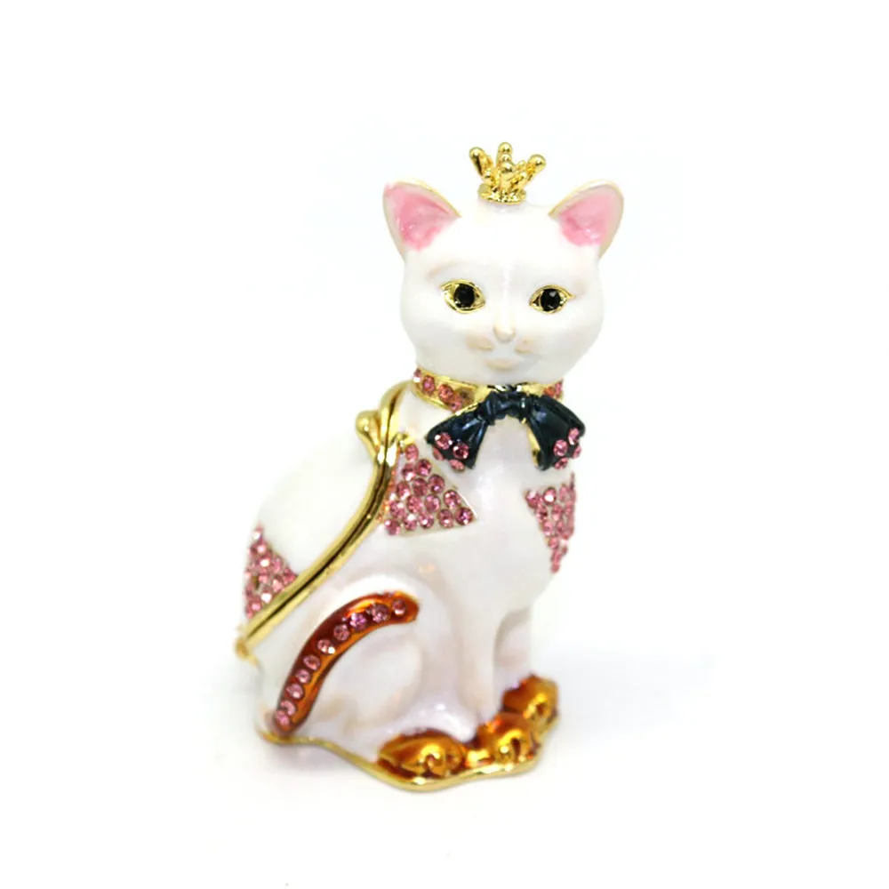 Hard Carved Jewelry Gift Cat Crown Crystal Enameled Trinket Fashion Organizer Box Storage