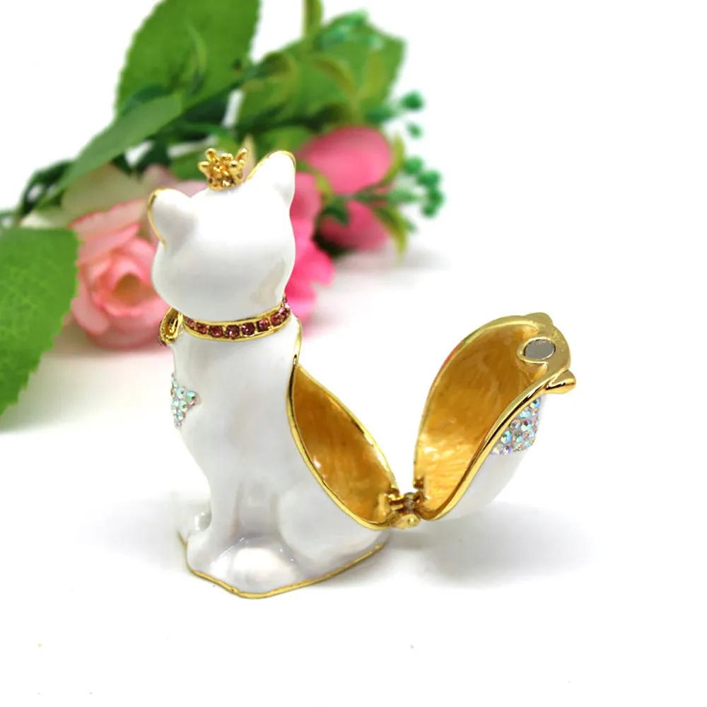 Hard Carved Jewelry Gift Cat Crown Crystal Enameled Trinket Fashion Organizer Box Storage