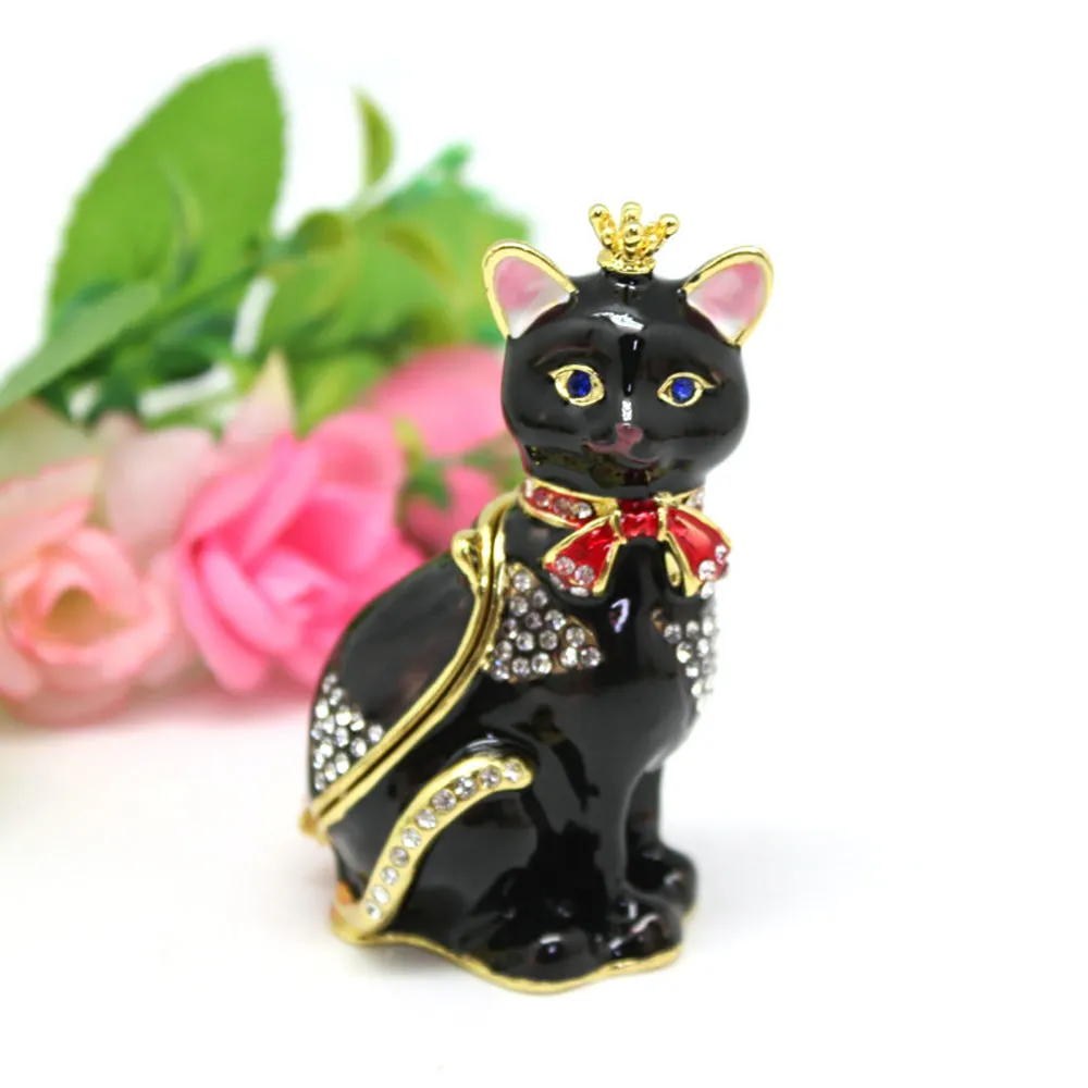Hard Carved Jewelry Gift Cat Crown Crystal Enameled Trinket Fashion Organizer Box Storage