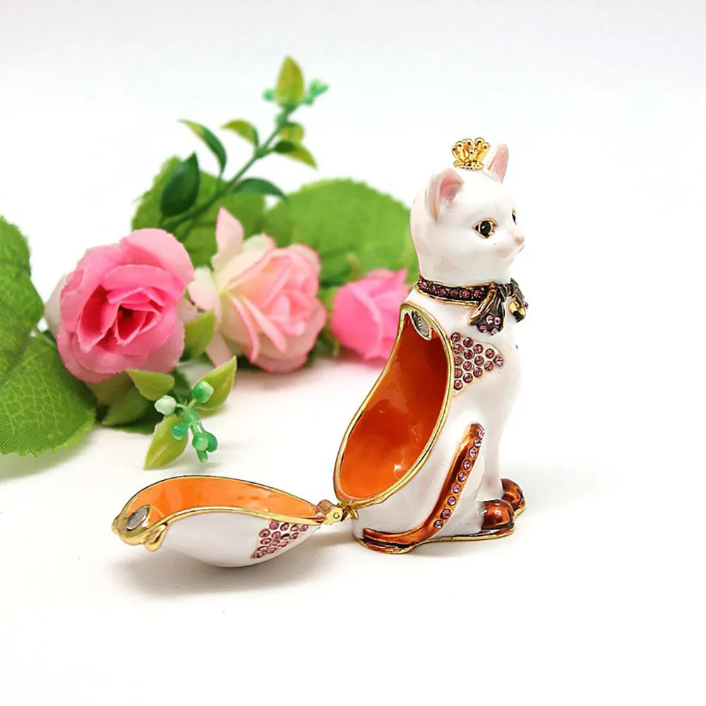 Hard Carved Jewelry Gift Cat Crown Crystal Enameled Trinket Fashion Organizer Box Storage