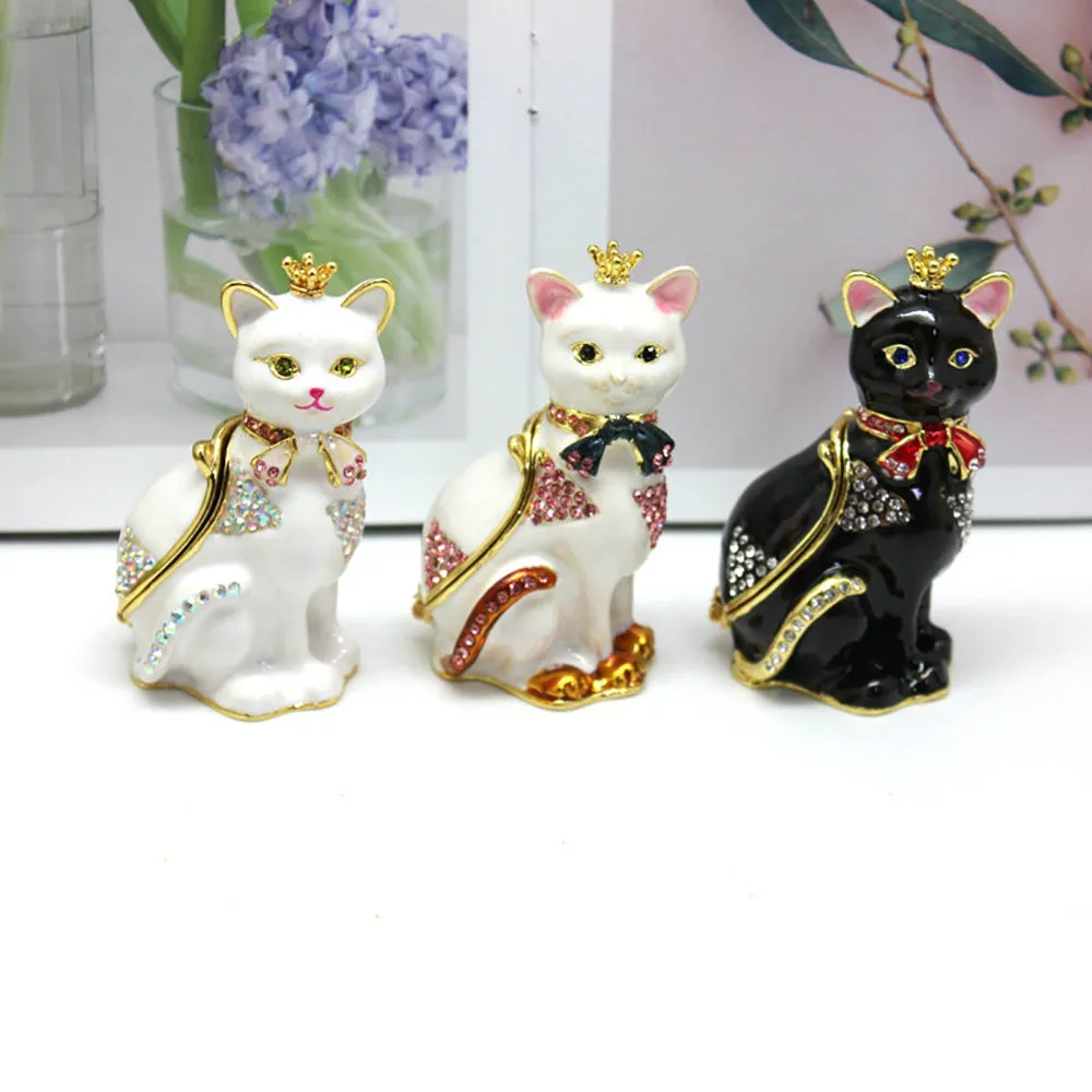 Hard Carved Jewelry Gift Cat Crown Crystal Enameled Trinket Fashion Organizer Box Storage