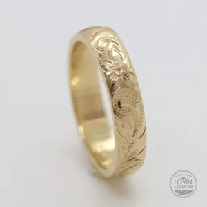 Hawaiian Ring, Engraved Plumeria & Maile Leaf Design (3mm Dome Style)