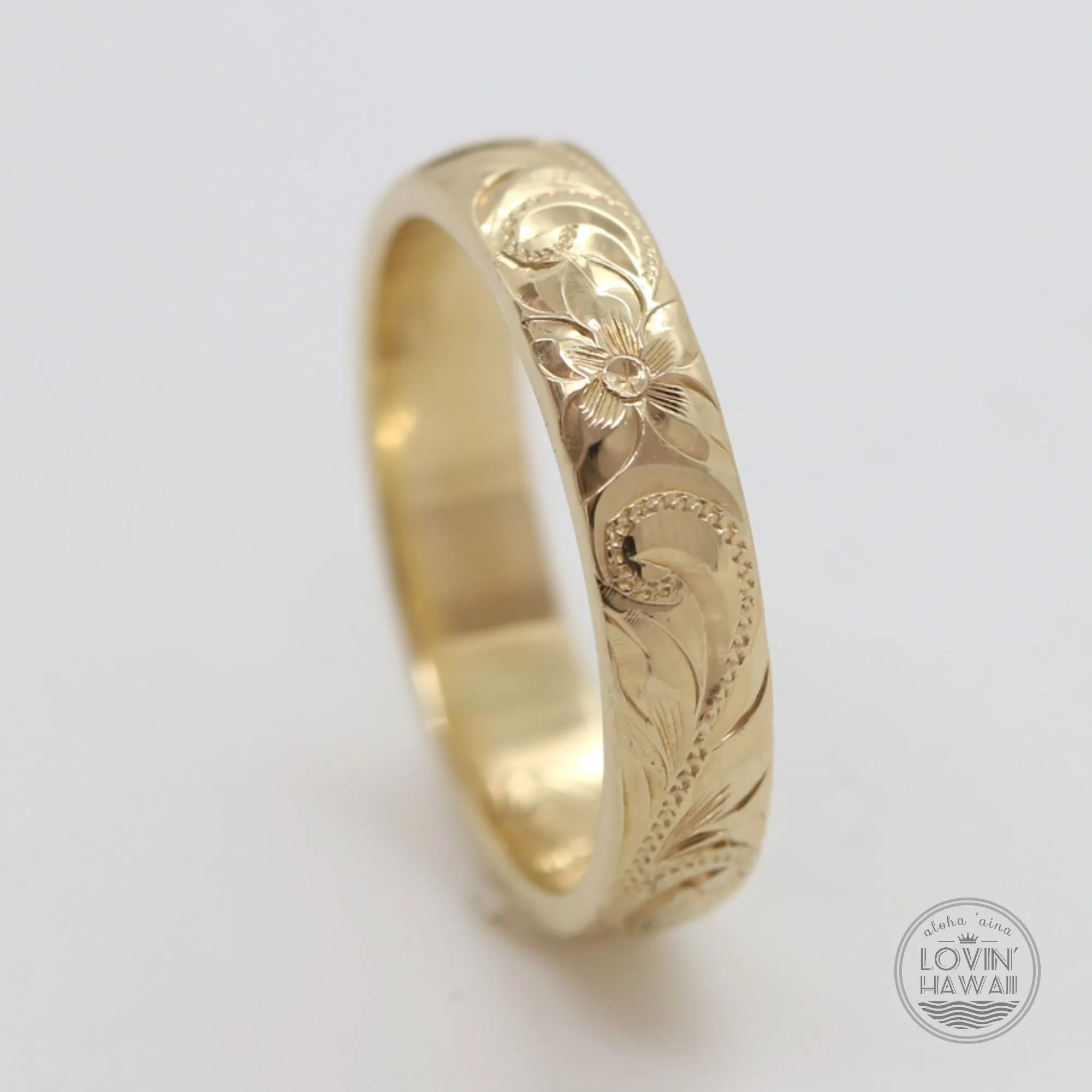 Hawaiian Ring, Engraved Plumeria & Maile Leaf Design (3mm Dome Style)