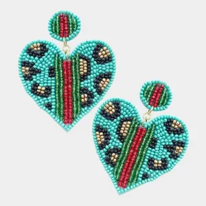 Heart Leopard Turquoise Color Block Seed Bead Earrings