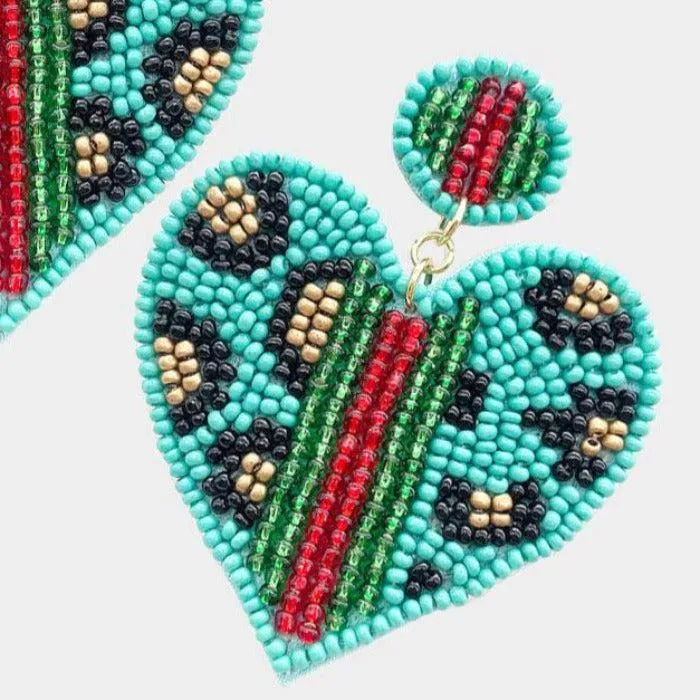 Heart Leopard Turquoise Color Block Seed Bead Earrings