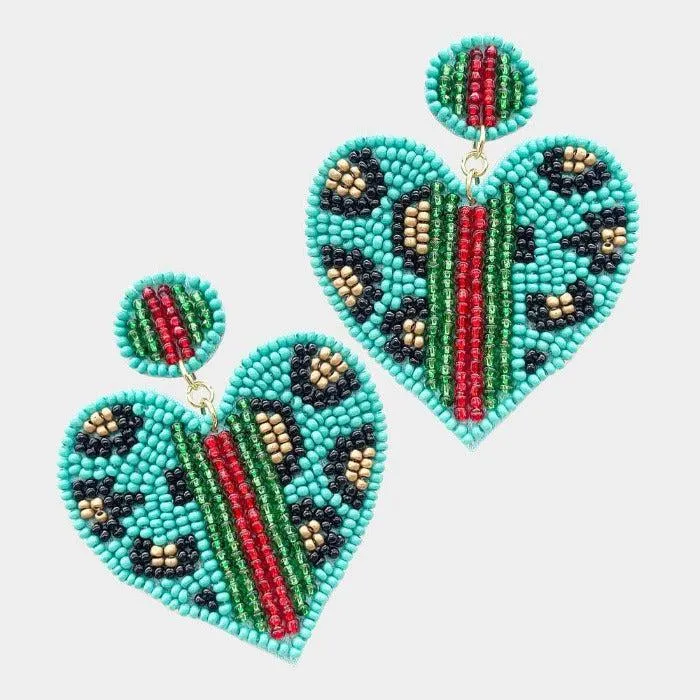 Heart Leopard Turquoise Color Block Seed Bead Earrings