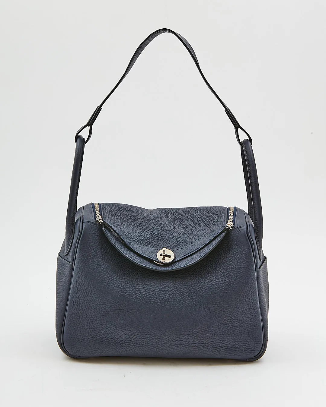 Hermes Navy Clemence Leather Palladium Lindy 30 Bag