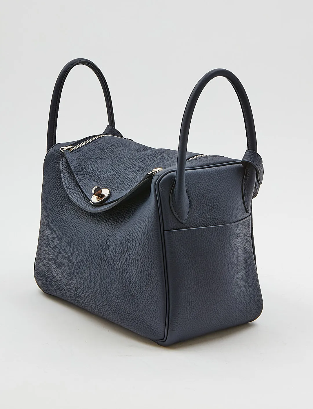 Hermes Navy Clemence Leather Palladium Lindy 30 Bag