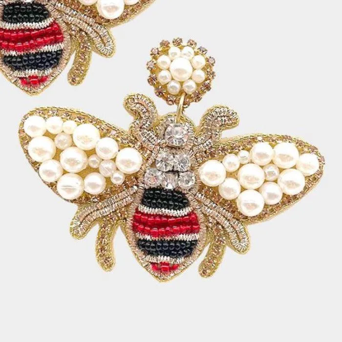 Honey Bee Red & Black Seed Bead Dangle Earrings
