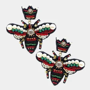 Honey Bee Red & Green Seed Bead Dangle Earrings