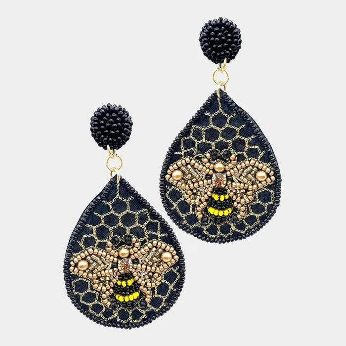 Honey Bee Seed Bead Teardrop Dangle Earrings