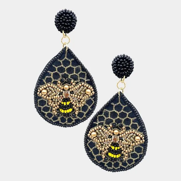 Honey Bee Seed Bead Teardrop Dangle Earrings