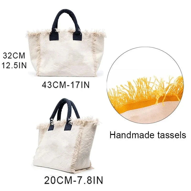 HPSP Handmade Bags, Summer American Style Trends Stripe Printing Women's Tassel HandBag Customizable Letters Canvas Tote Beach Bag Wedding Gift