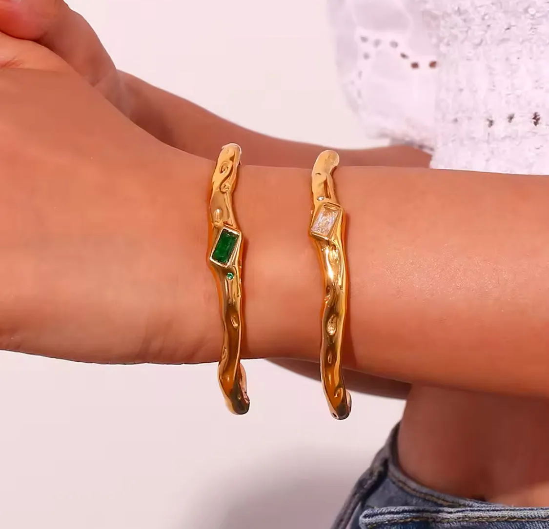 Irregular Opening Rectangular Zircon Bracelet 18K Gold Plated
