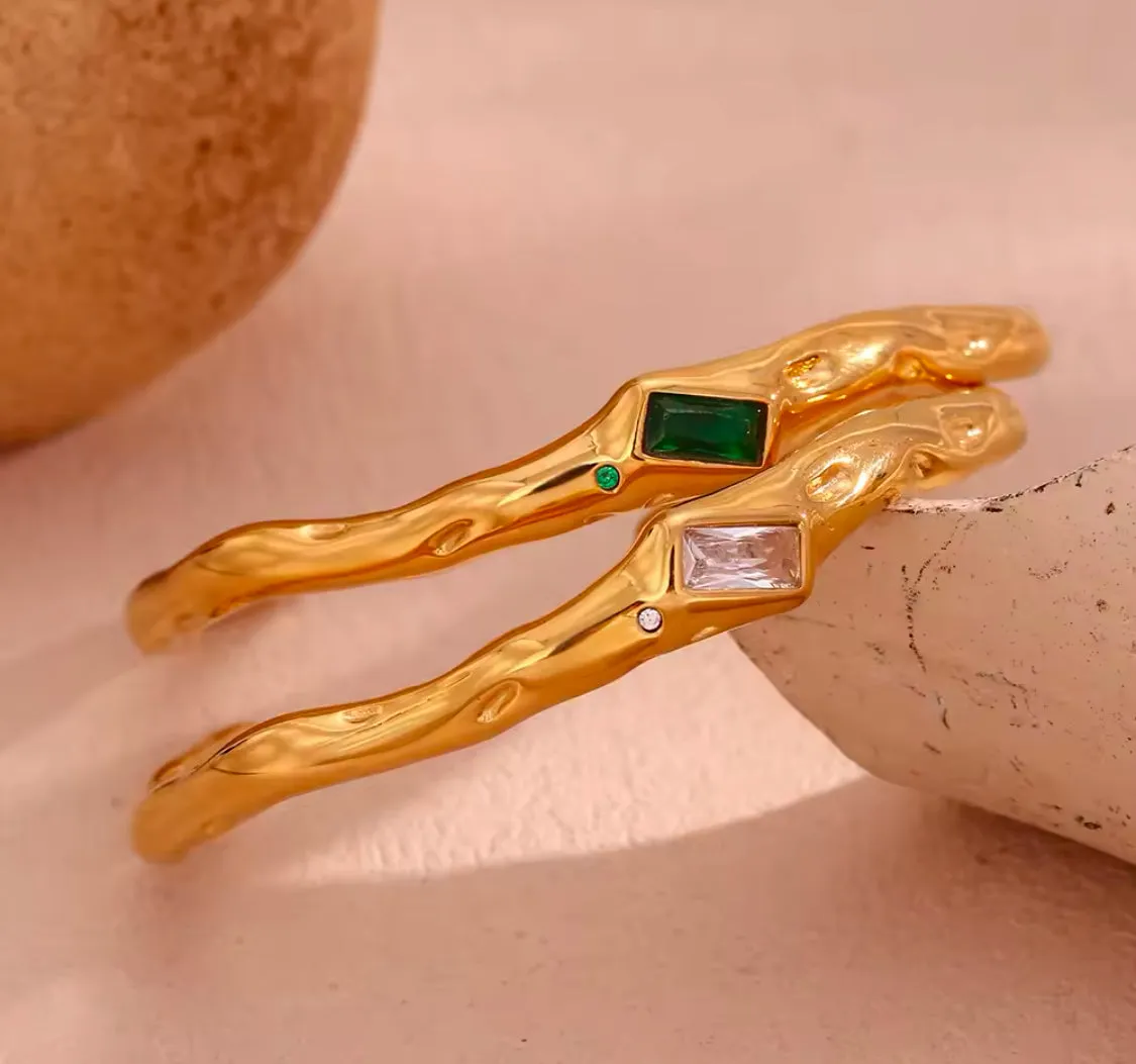 Irregular Opening Rectangular Zircon Bracelet 18K Gold Plated