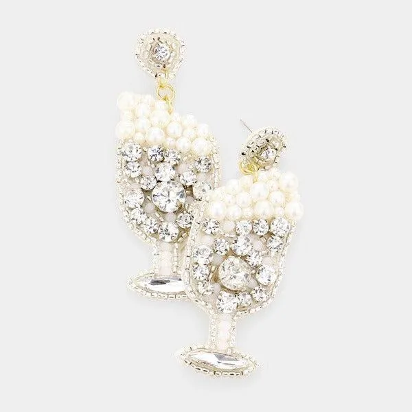 Ivory Pearl Rhinestone Cluster Champagne Earrings