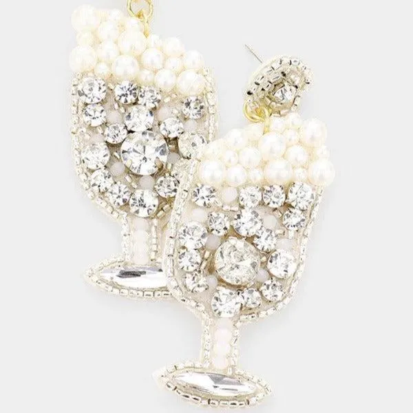 Ivory Pearl Rhinestone Cluster Champagne Earrings