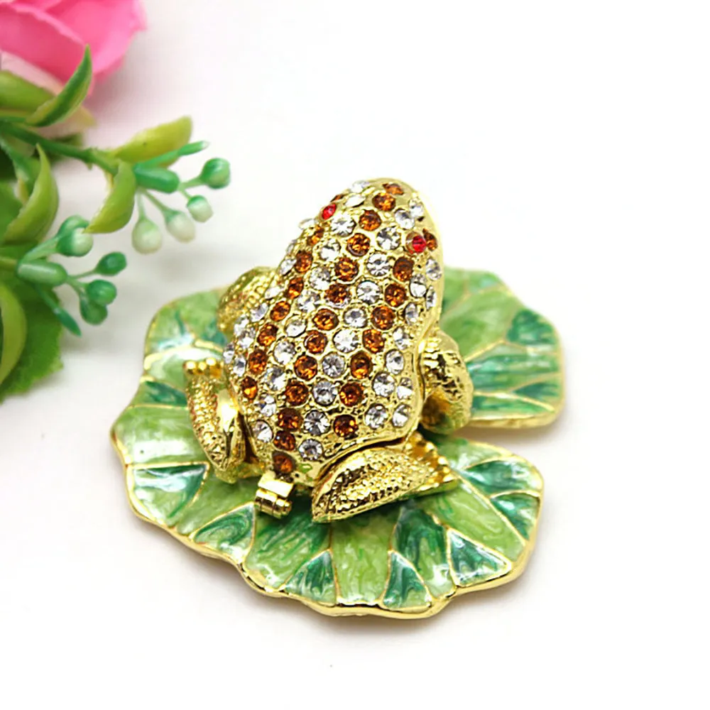 Jewelry Gift Enamel Color Craft Frog Lotus Leaf Crystal Trinket Fashion Organizer Box Storage