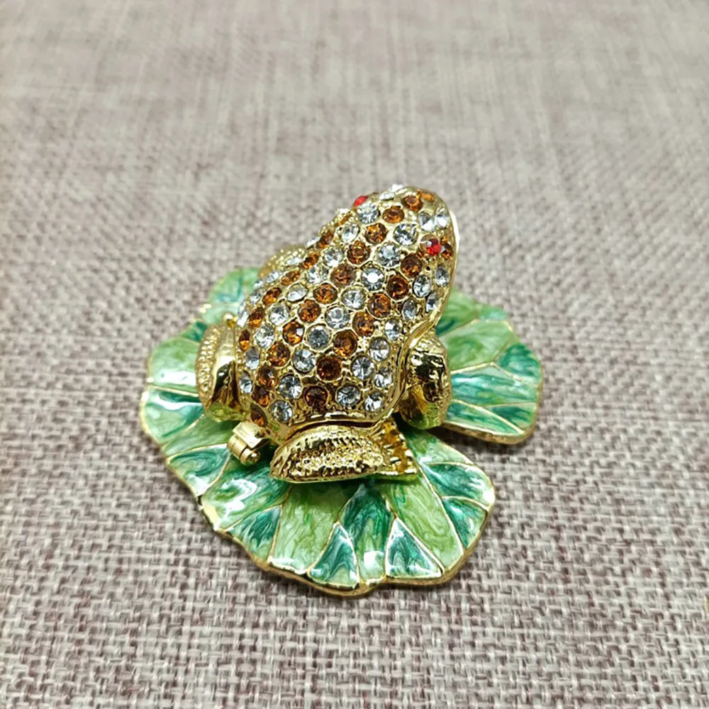 Jewelry Gift Enamel Color Craft Frog Lotus Leaf Crystal Trinket Fashion Organizer Box Storage