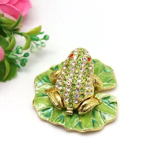 Jewelry Gift Enamel Color Craft Frog Lotus Leaf Crystal Trinket Fashion Organizer Box Storage