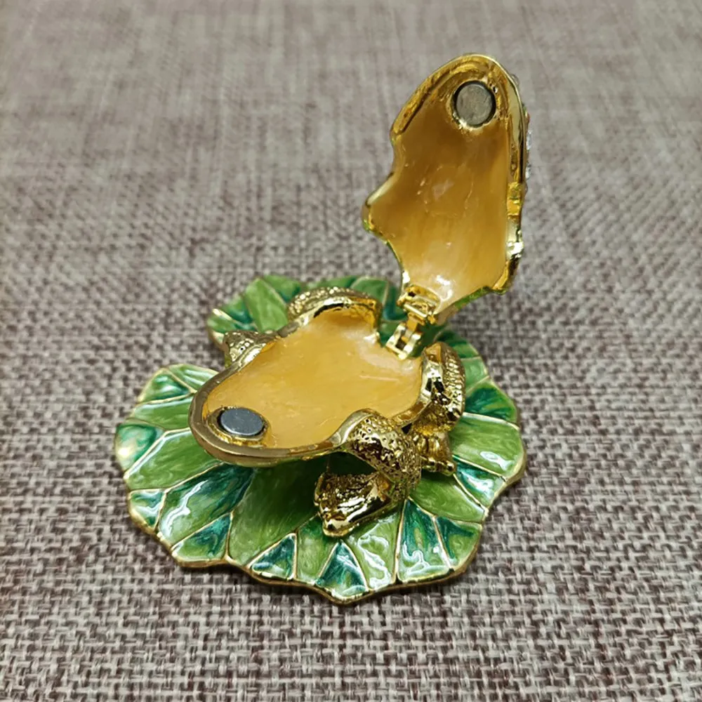 Jewelry Gift Enamel Color Craft Frog Lotus Leaf Crystal Trinket Fashion Organizer Box Storage
