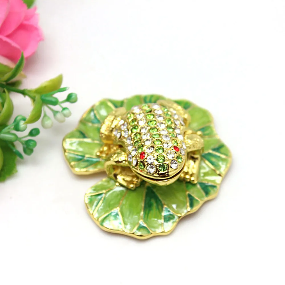Jewelry Gift Enamel Color Craft Frog Lotus Leaf Crystal Trinket Fashion Organizer Box Storage