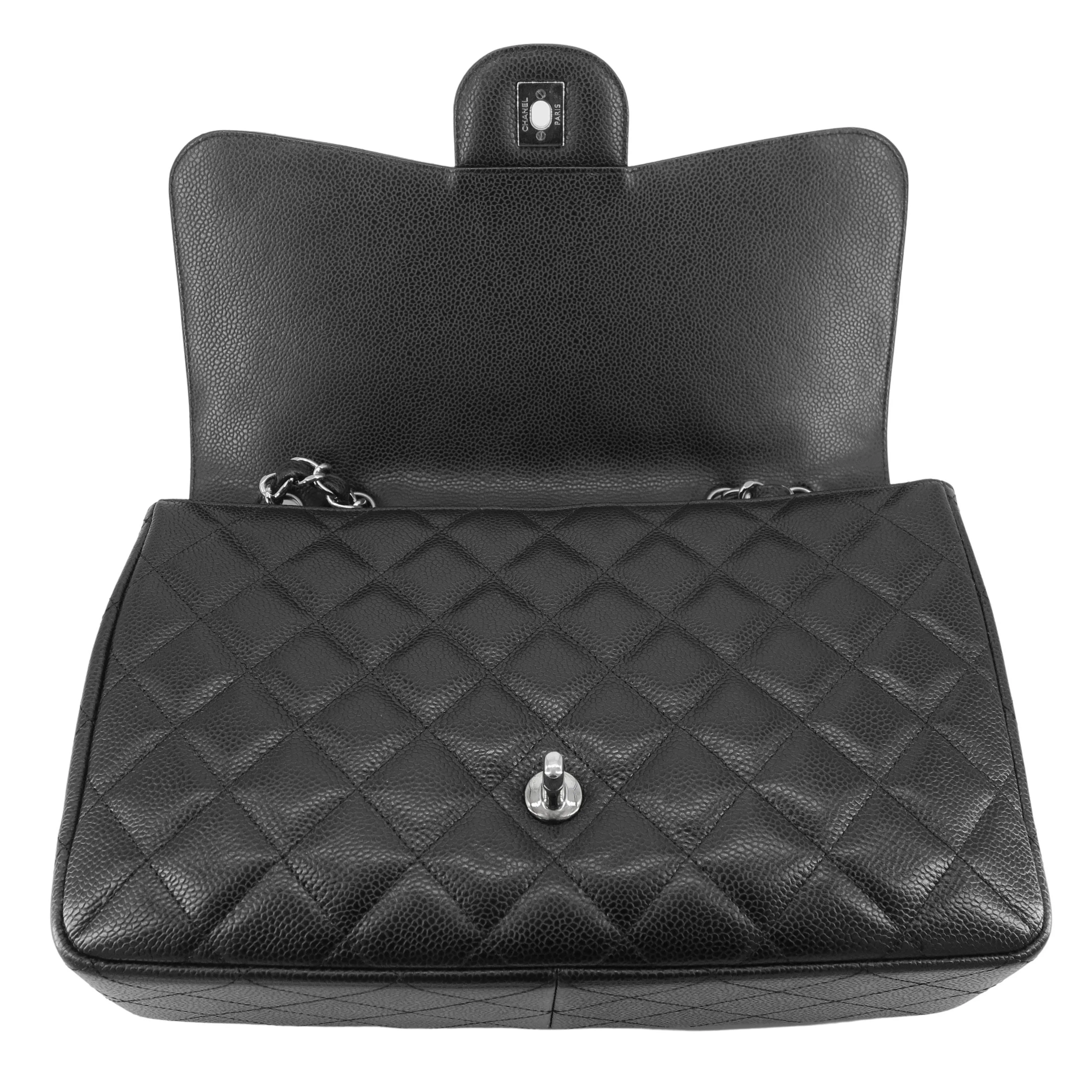 Jumbo Classic Single Flap Bag in Black Caviar