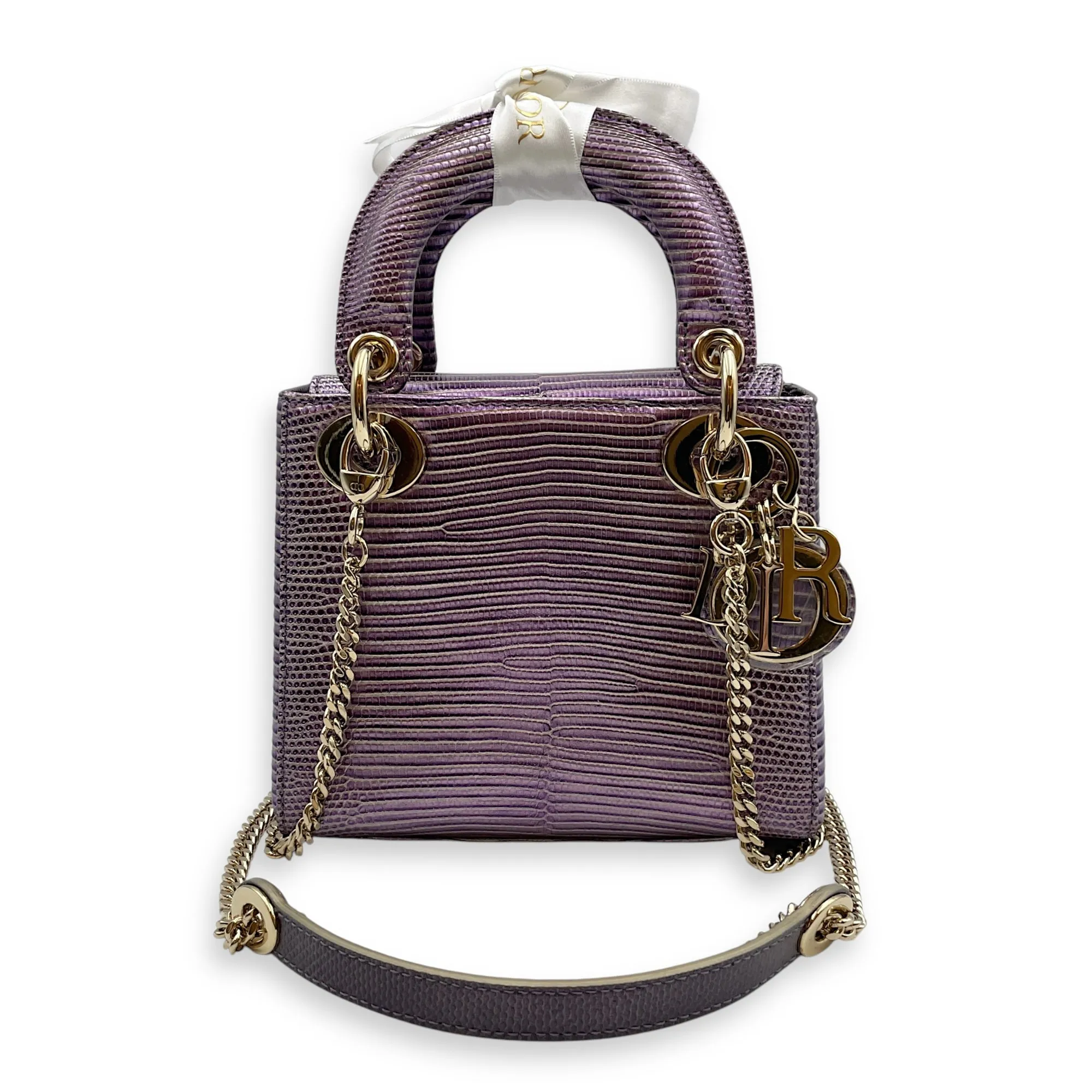 Lady Dior Mini 17cm Metallic Lilac Top Handle Bag in Lizard, Gold hardware
