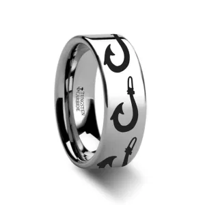 Large Polynesian Fishing Hook Laser Engraved Flat Tungsten Couple Matching Ring - 4MM - 12MM